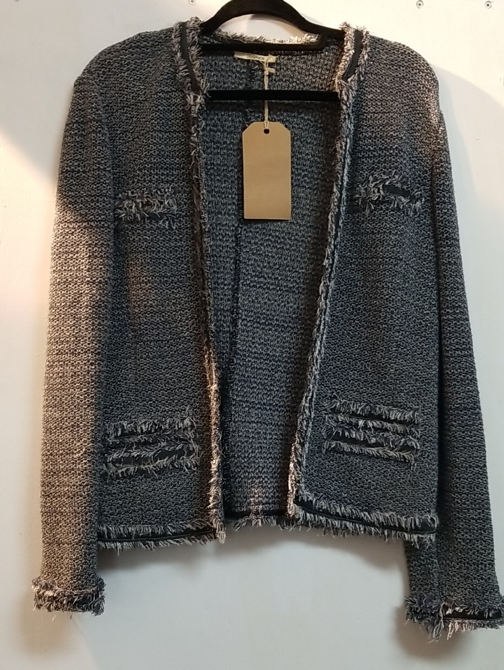 Open-Front Fringe Trim Knit Cardigan - Gray